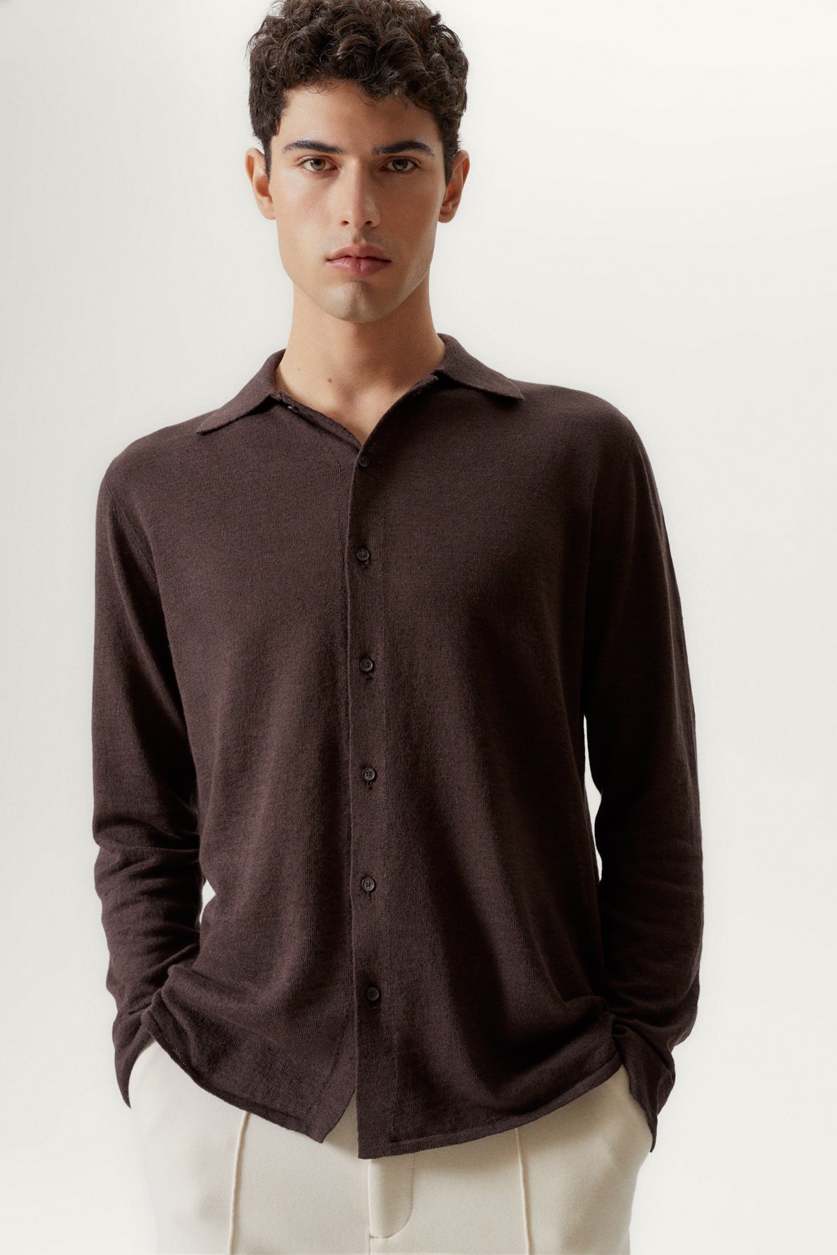 the linen cotton knit shirt brown