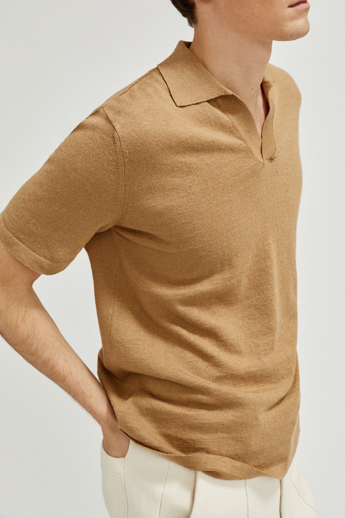 the linen cotton short sleeve polo imperfect version 4 camel