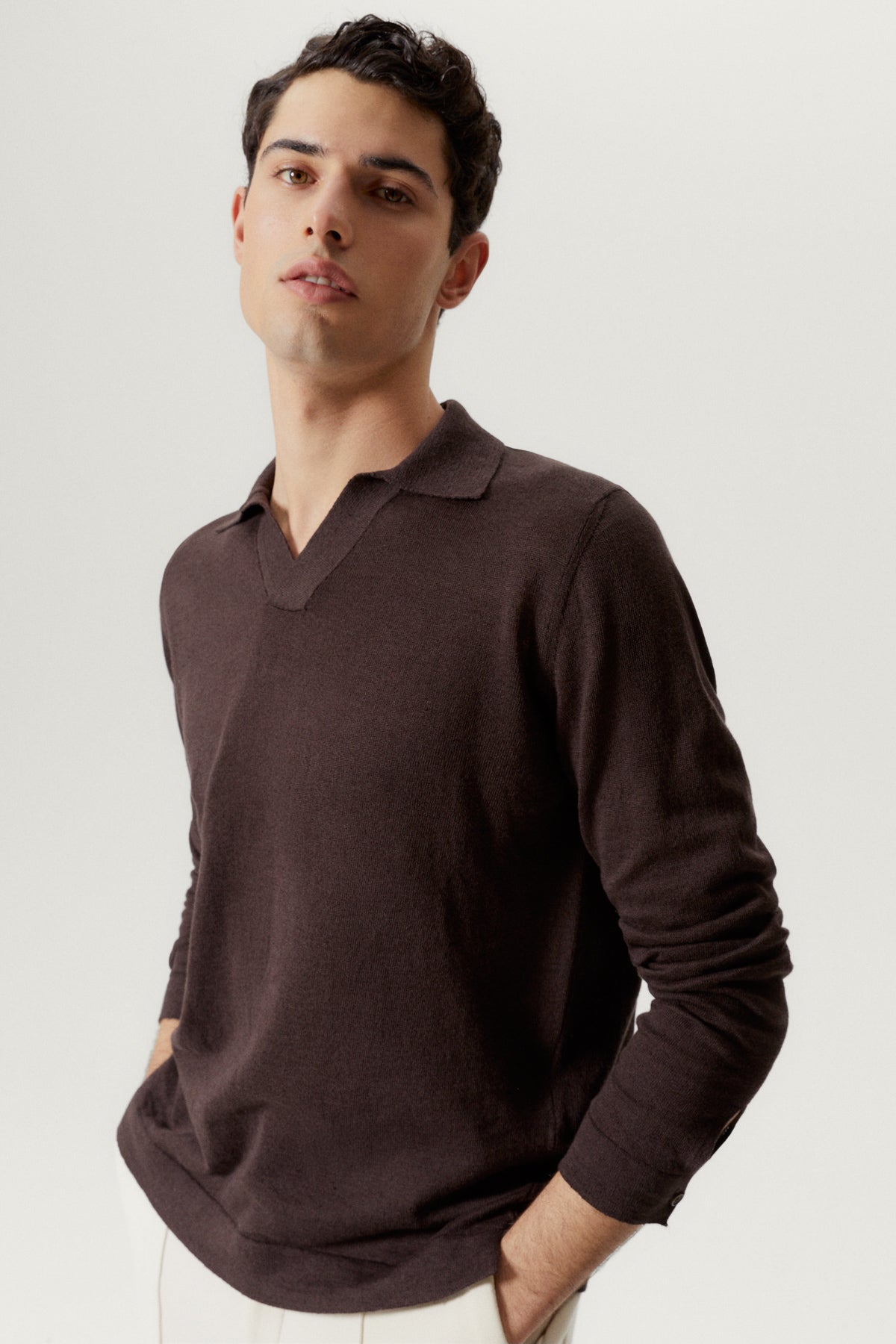 the long sleeve linen cotton polo brown