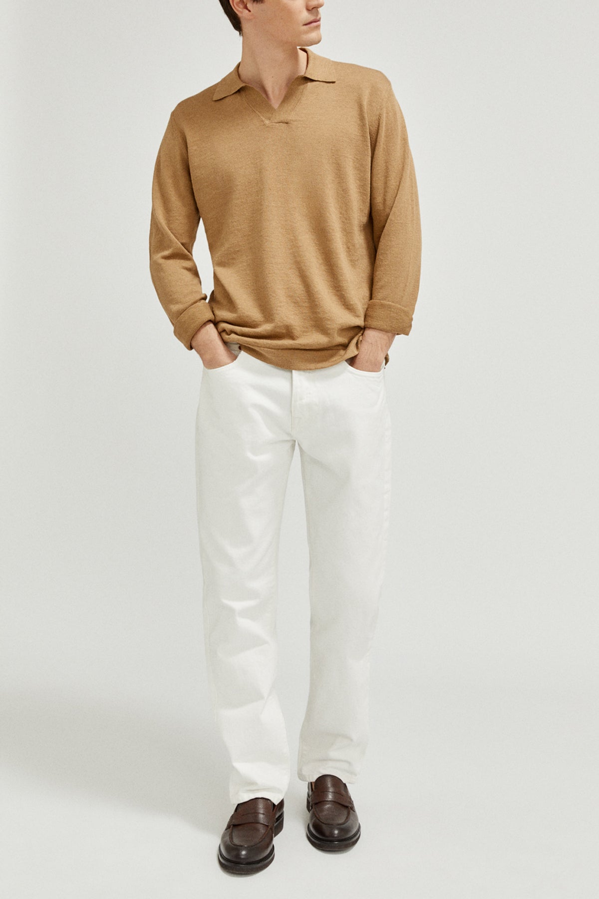 the linen cotton long sleeve polo imperfect version 1camel