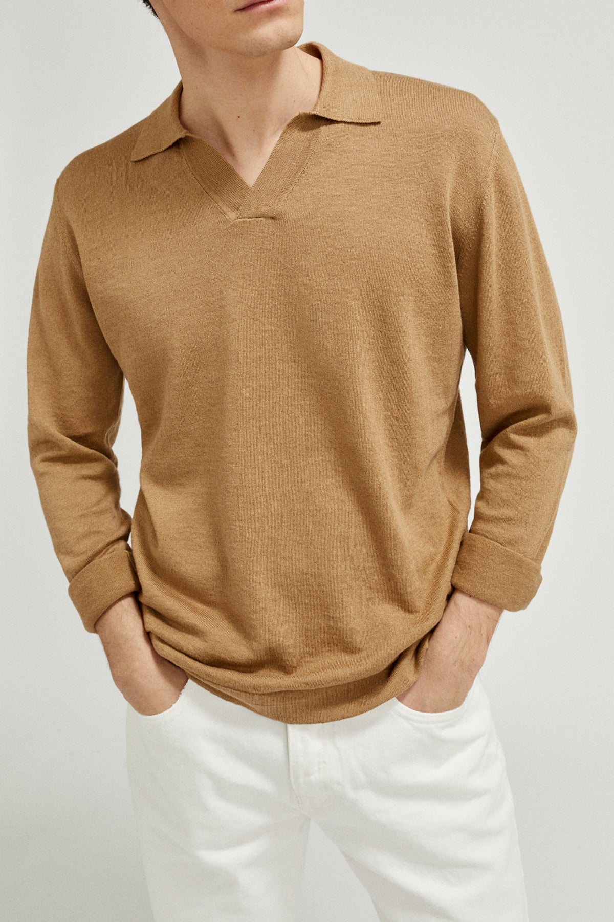 the linen cotton long sleeve polo imperfect version 1camel