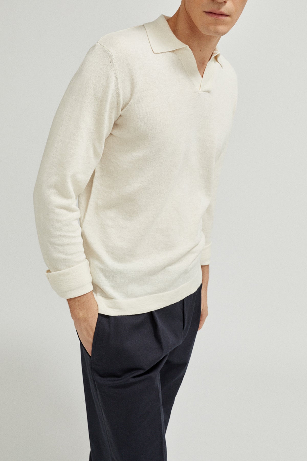 the linen cotton long sleeve polo imperfect version 1milk white