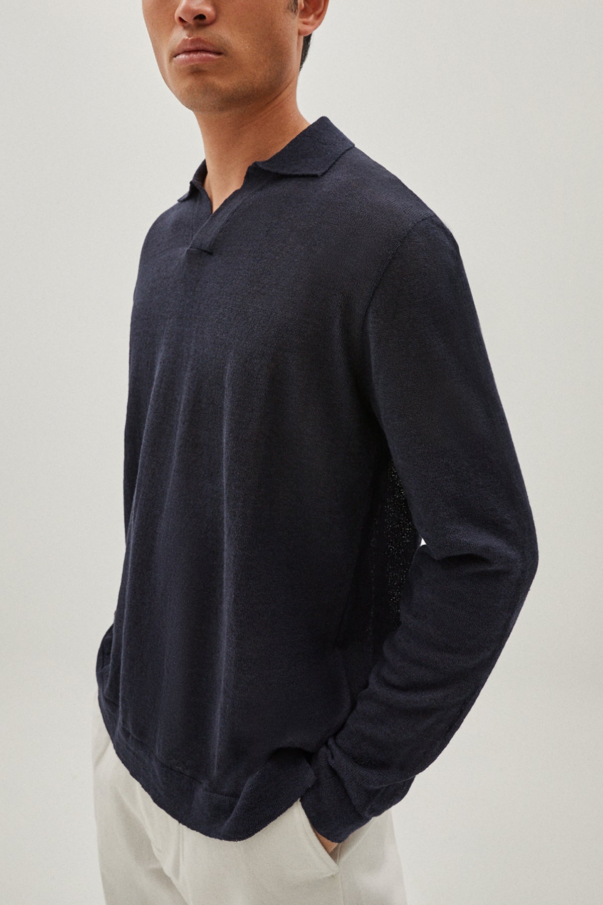 the linen cotton long sleeve polo imperfect version 1blue navy