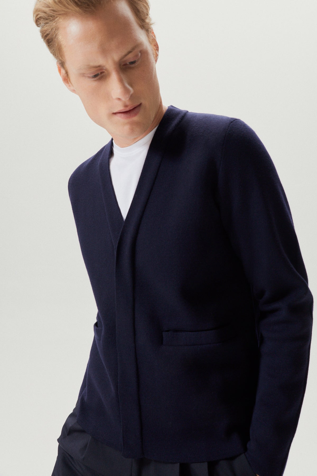 the merino wool shawl cardigan oxford blue