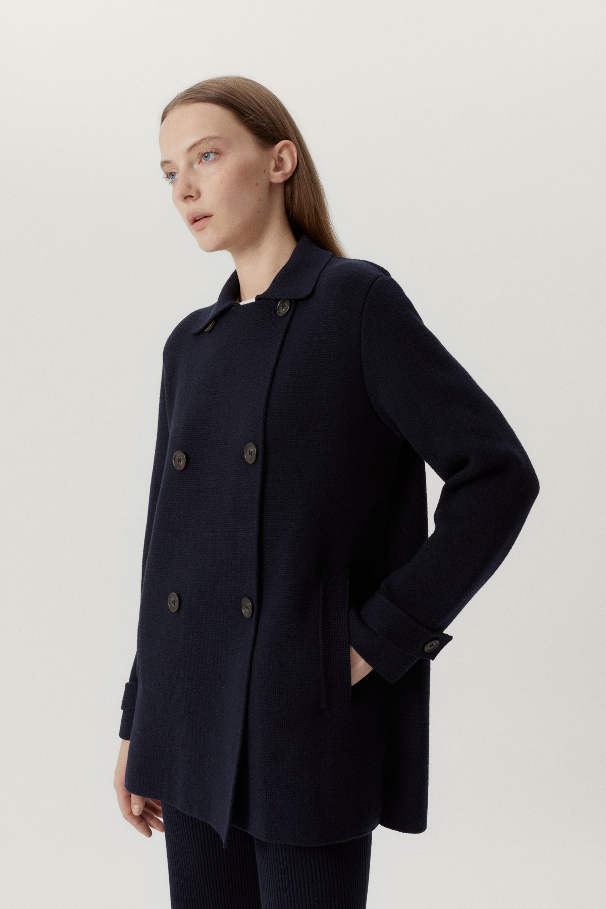 the merino wool double breasted jacket oxford blue