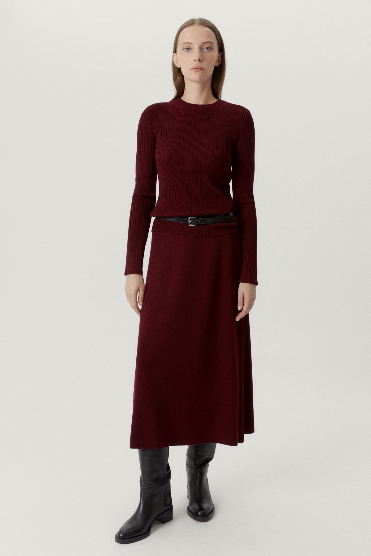 the merino wool flare skirt ruby red