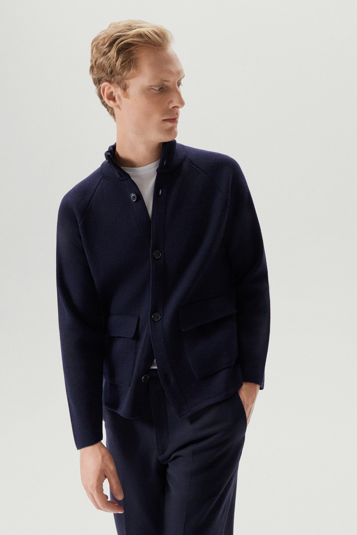 the merino wool high neck jacket oxford blue