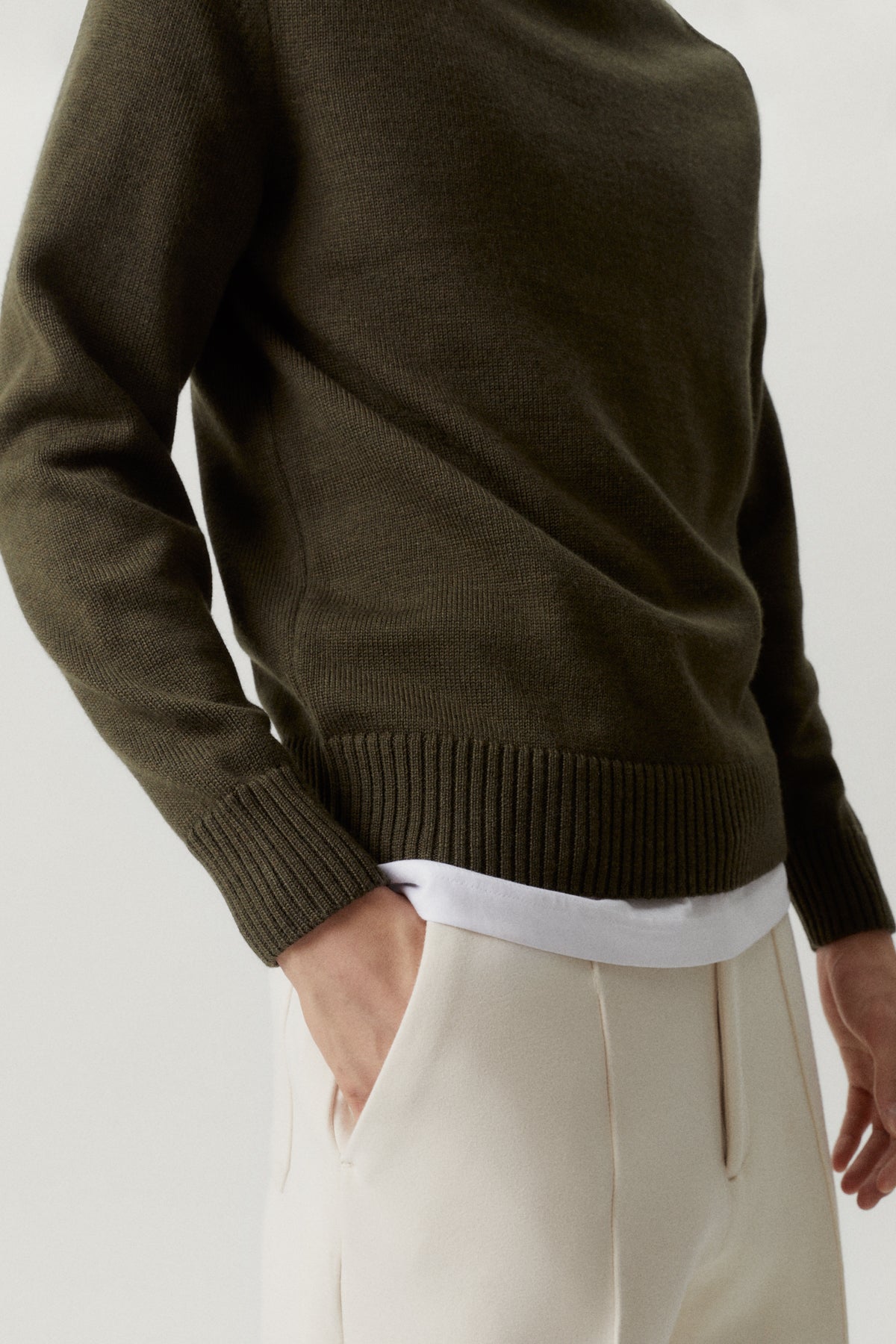 the merino wool saddle shoulder sweater military green