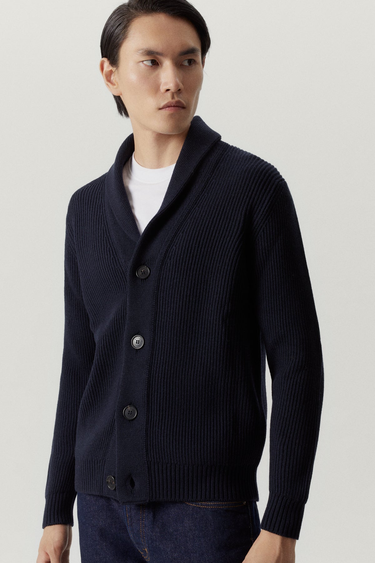 the merino wool shawl cardigan oxford blue