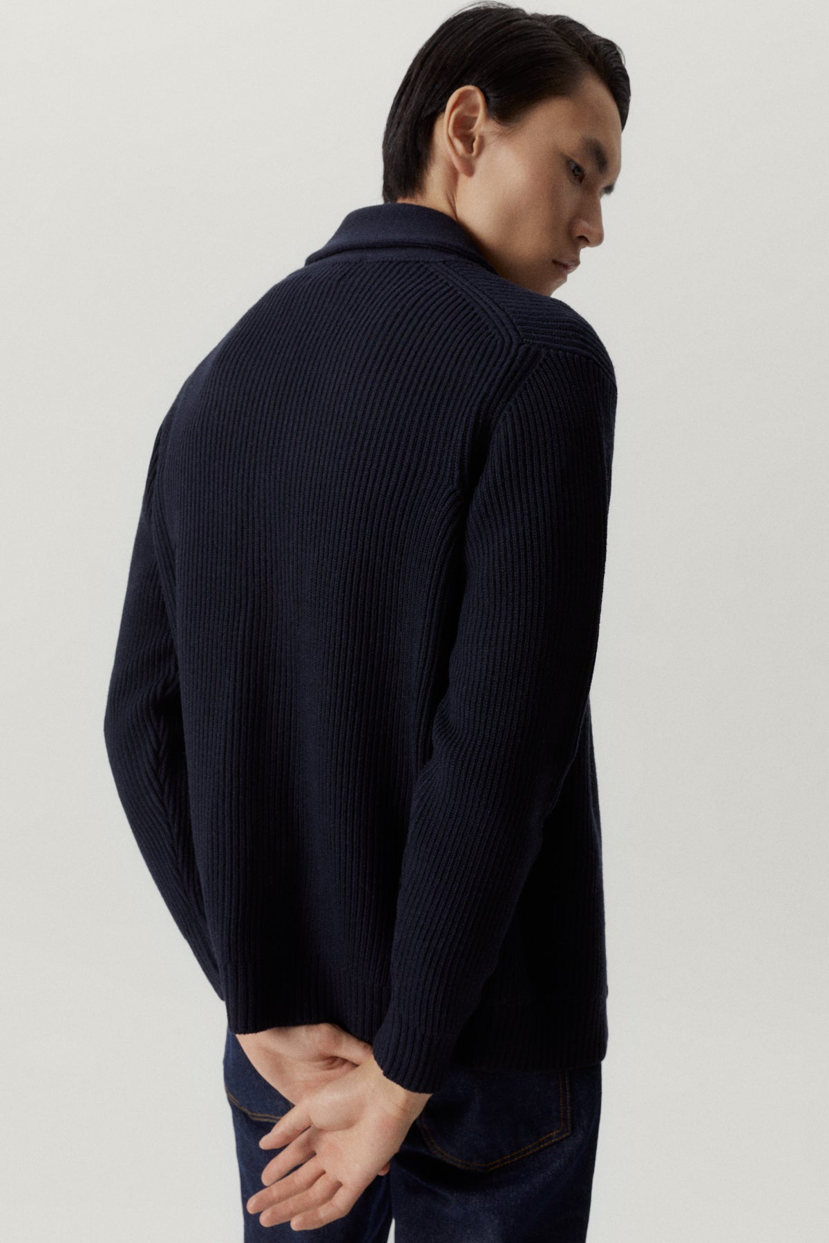 the merino wool shawl cardigan oxford blue