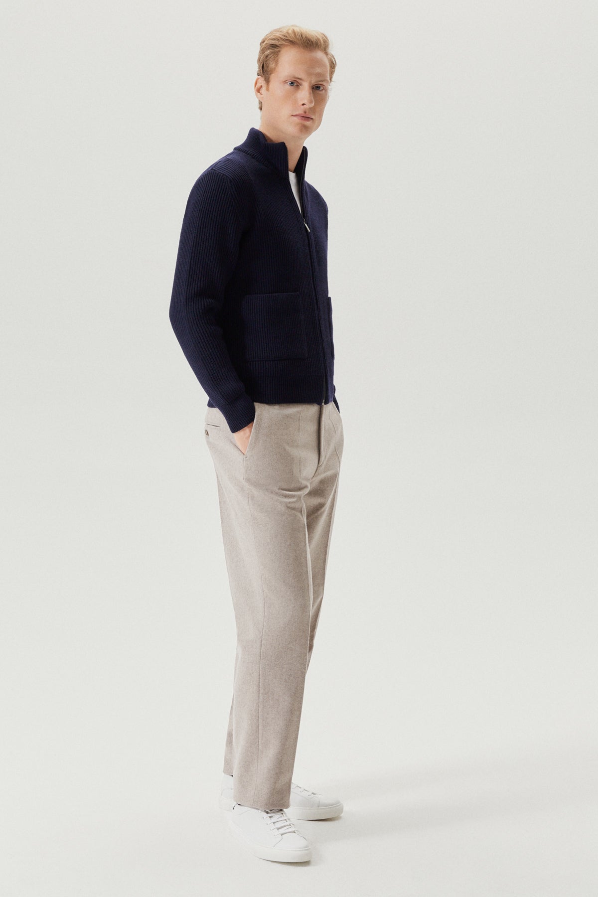 the merino wool zipped cardigan oxford blue