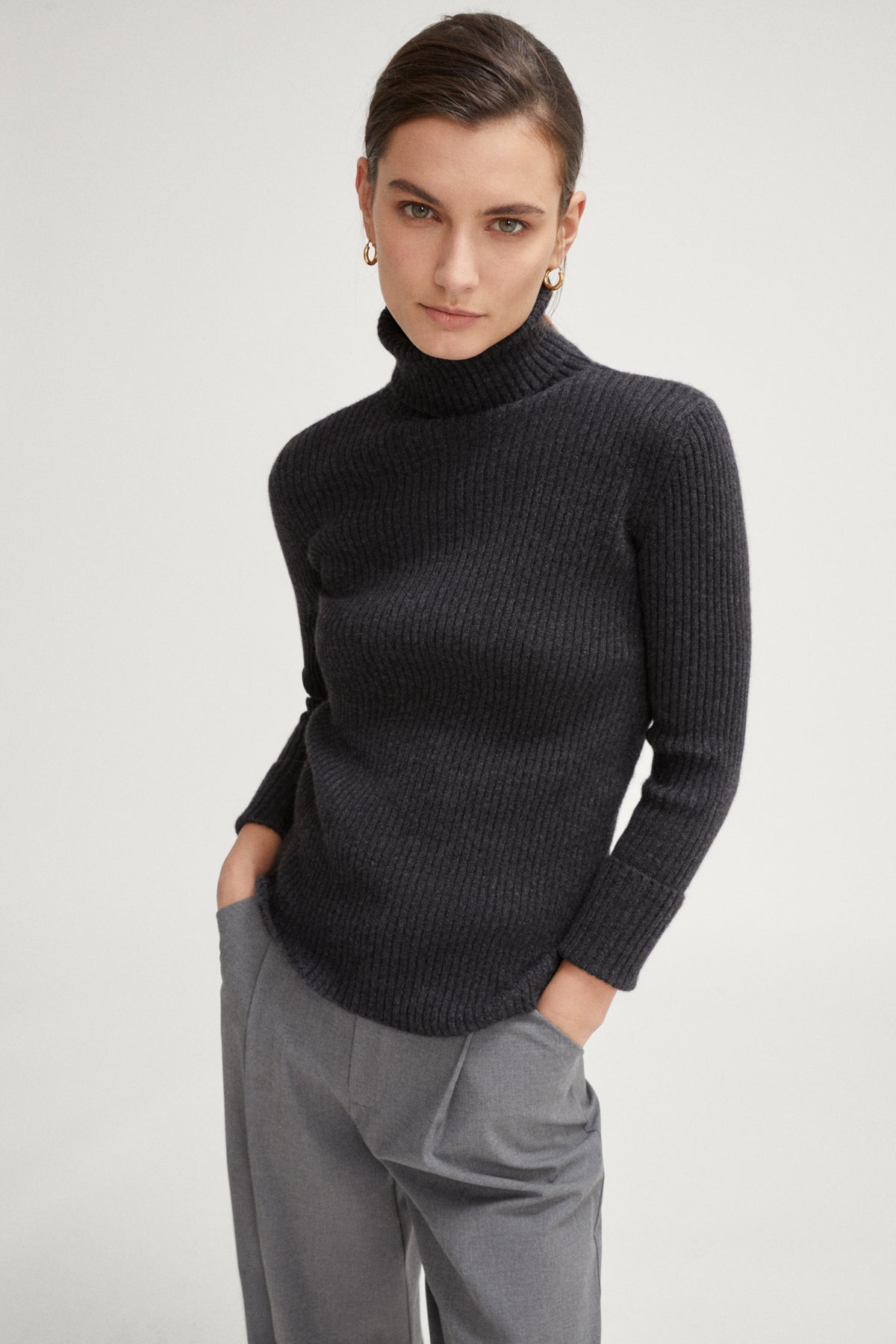 the superior cashmere ribbed roll neck new charcoal grey