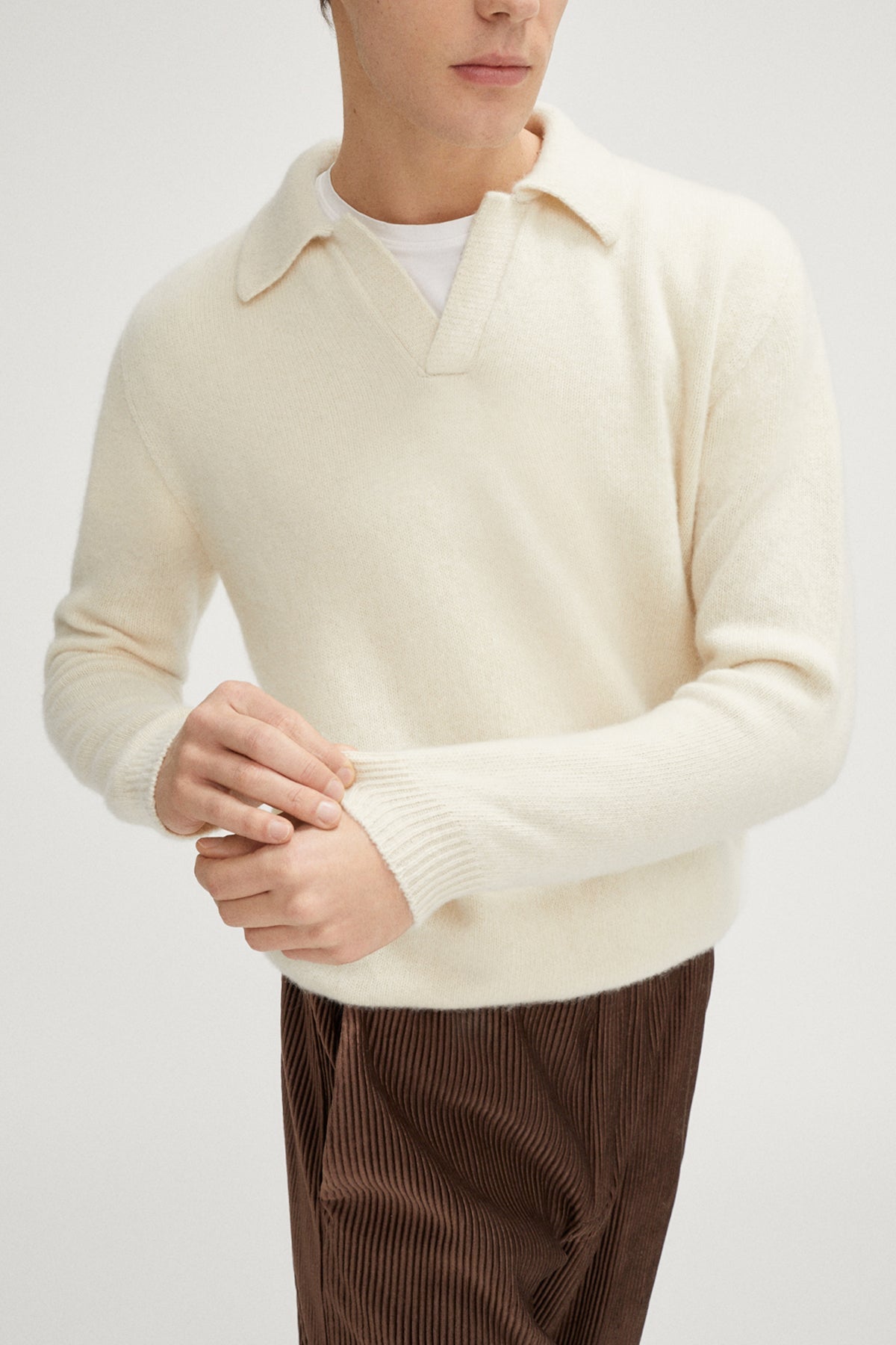 the upcycled cashmere long sleeve polo imperfect version milk white