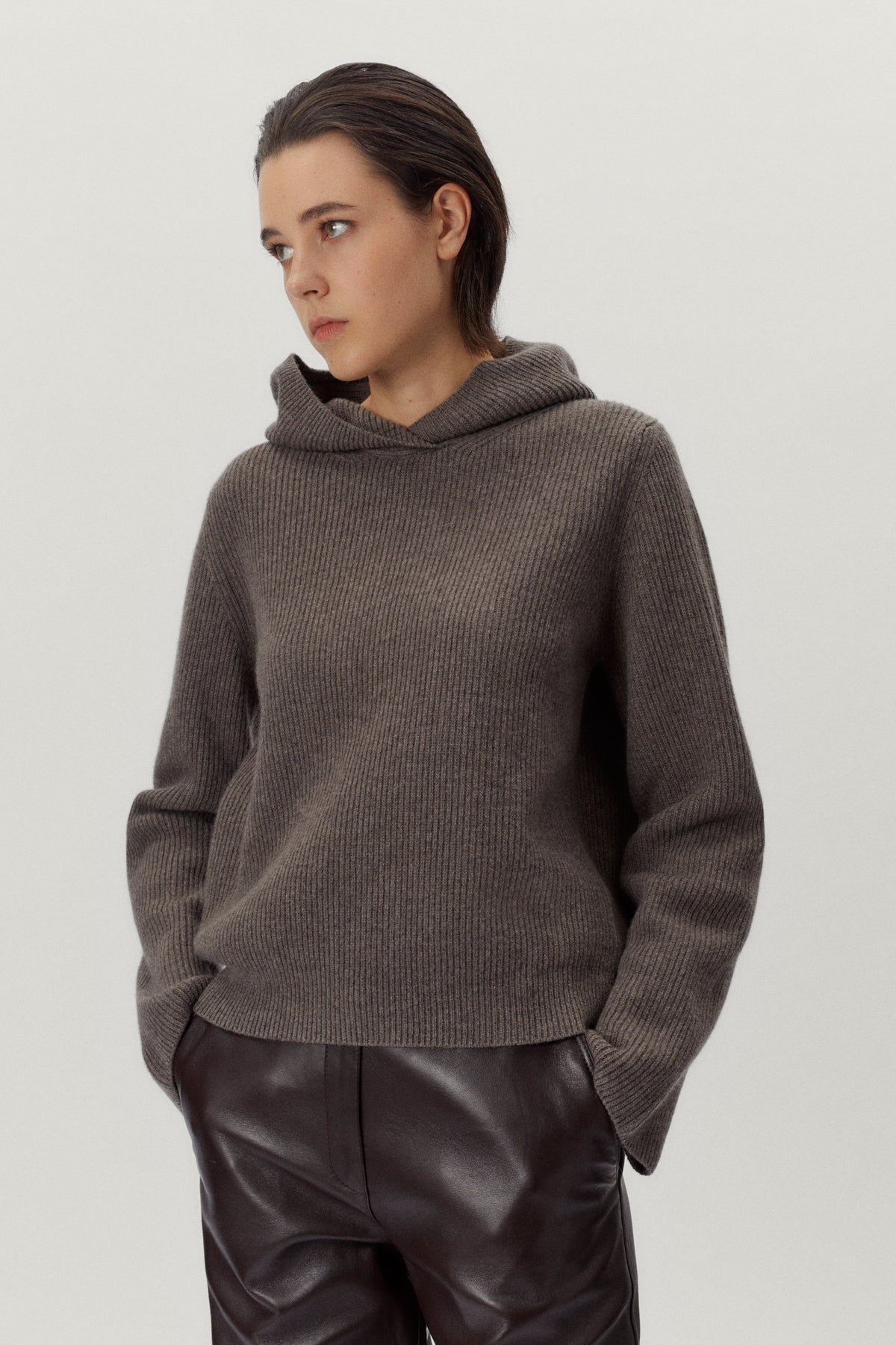 the woolen ribbed hoodie w taupe