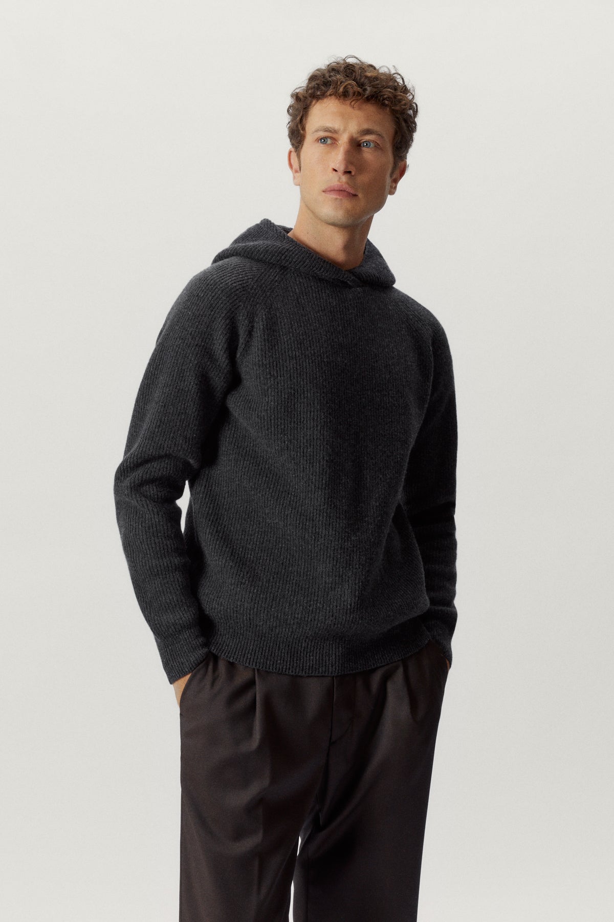 the woolen ribbed hoodie sweater ash grey