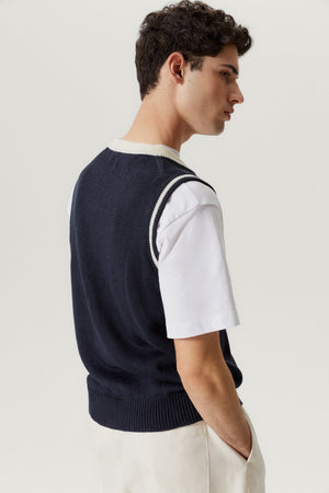 Blue Navy | The Linen Cotton College V-Neck Vest