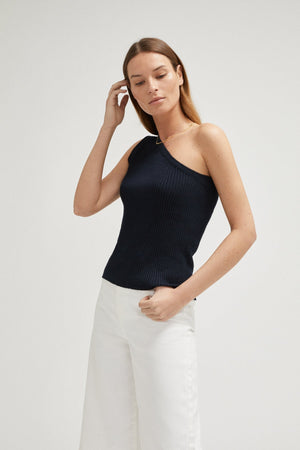 Blue Navy | The Linen Cotton One-Shoulder Top